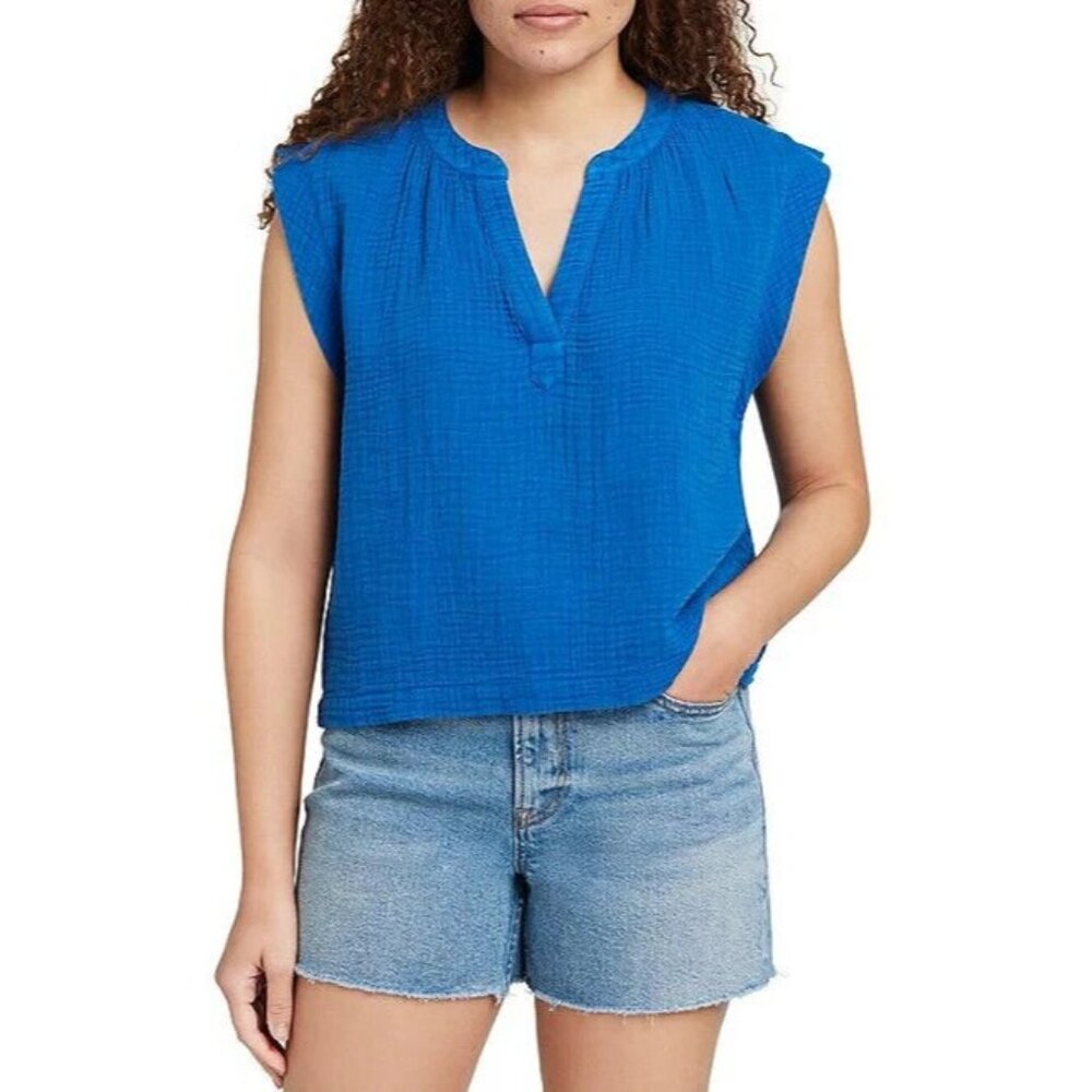 Faherty Cobalt Blue Sleeveless Split-Neck Cotton Top
